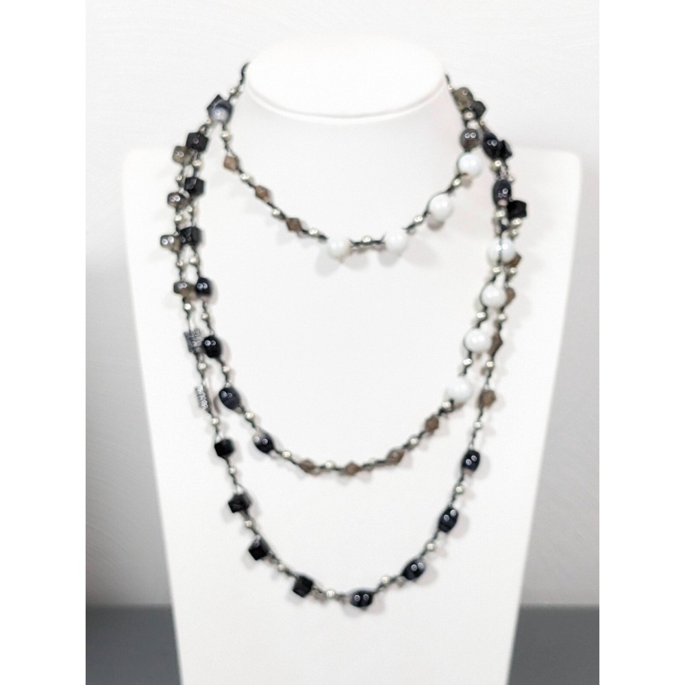 Long Layering Necklace Black White‎ Gray Glass Bead Multi Strand 50"